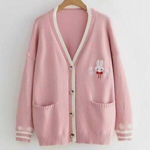 *~*👚🐰 Women Kawaii Rabbit Embroidered CARDiGAN SWEATER Pink Button Knit Mori